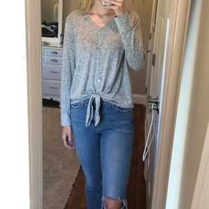 Long Sleeve Button Down Tie Bottom T-Shirt